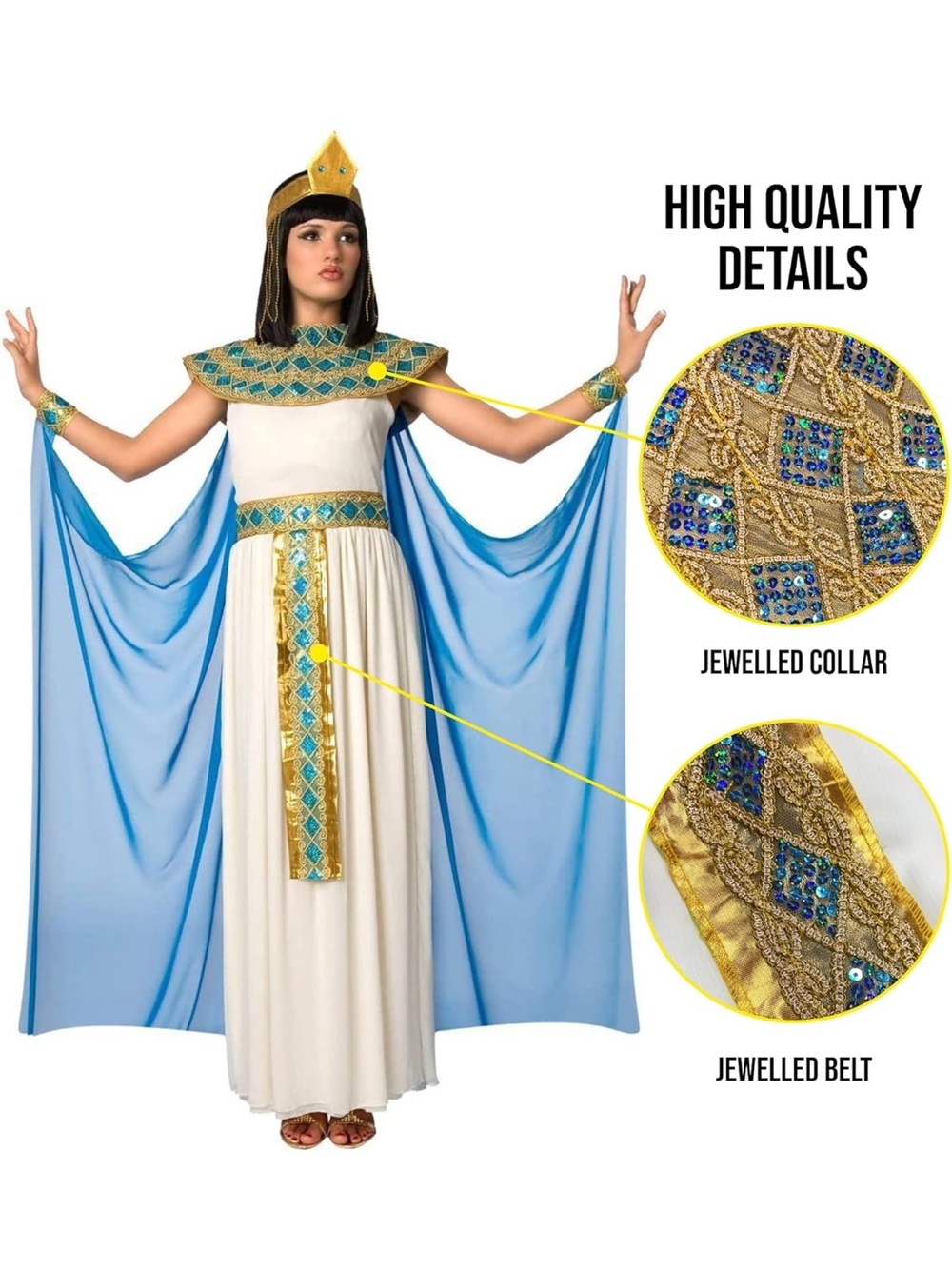 Egyptian Cleopatra Costume with Blue Cape and Gold Accents